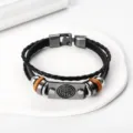 Detailed closeup of retro multi-layer braided leather bracelet with peace symbol metal plaque. - Style 3-Black