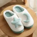 Cozy plush winter cotton slippers with cute star and moon embroidery, warm and anti-slip indoor shoes. - 38-39 / Star Moon Half-Back / Light Green