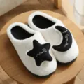 Gezellige pluche winter huisschoenen, schattige ster maan borduursel, zachte antislip indoor schoenen. - 36-37 / Ster Maan Halve Rug / Zwart