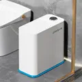Narrow bathroom trash can white blue 16L slim waste basket with press lid for small space. - White Blue