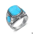 Vintage Men's Turquoise Ring Retro Silver Color Statement Gemstone Punk Jewelry Style - Size 7 / Blue