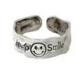 Retro silver open ring with Keep Smile letter and cute smiley face design for women. - Open Adjustable / Silver