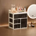Large capacity desktop makeup organizer with dustproof drawers for skincare and cosmetics. - 3 Tiers (1 Large Drawer + 2 Small Drawers + 1 Vertical Drawer + Compartment Layer)