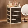 Large capacity desktop cosmetic storage box with multi-layer drawers and dustproof design. - 4 Tiers (1 Large Drawer + 4 Small Drawers + 1 Vertical Drawer)