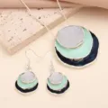 Elegant multi-layer round pendant necklace and earrings jewelry set in mint green and silver. - Set 3