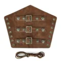 Close-up view of the brown medieval punk leather bracer featuring metal buckles and metal rivets. - BR1635 Style / Brown