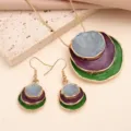 Detailed view of vintage multi-layer disc necklace and earrings set with vibrant enamel colors. - Set 4