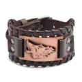 Men's wide leather Viking bracelet with vintage copper wolf head plate and punk style. - Antique Red Copper