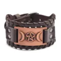 Vintage punk wide leather bracelet for men, viking pagan triple moon pentacle wristband. - Antique Red Copper