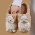 Plush sheep slippers for women, cute winter indoor home warm fuzzy footwear in khaki. - Khaki - Little Cotton Sheep