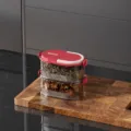 Double layer spice storage box, modern red seasoning container with clear design. - 2 Layers Sealed Moisture-Proof / Bean Paste Red