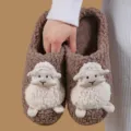 Cute sheep plush cotton slippers for women autumn and winter indoor warm home non-slip shoes - 44-45 / Coffee - Little Sheep