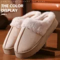Thick plush platform cotton slippers, warm winter indoor footwear in cozy beige variant, anti-slip design. - 36 / Beige