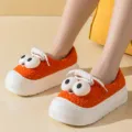 Orange fully enclosed plush slippers, cute cartoon big eyes warm winter cotton shoes. - 36/37 / Full Coverage / Orange