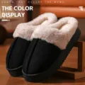 Winter thick plush couple slippers anti-slip warm indoor shoes cozy footwear home use - 38 / Black