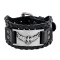 Vintage punk wide leather bracelet with metal eagle totem and stylish braided cuff design. - Silver
