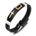 Men black silicone bracelet with gold cross pendant and silver metal buckle for daily wear. - Gold Silicone Watch Straps