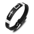 Men's black silicone bracelet with stainless steel cross charm, stylish adjustable wristband. - Steel Color Silicone Watch Straps