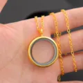 Gold alloy round glass locket pendant necklace, openable memory photo keepsake jewelry. - Cross Chain 60cm / Gold