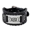 Men Vintage Black Leather Wide Cuff Bracelet Wicca Pentagram Moon Gothic Punk Jewelry - Antique Silver