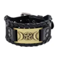 Wide black leather bracelet with vintage metal pentagram plaque, punk gothic wristband - Antique Bronze