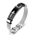Stainless steel cross mesh bracelet detail showing black panel and sturdy metal clasp. - Black Stainless Steel Mesh Straps