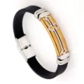 Men's Stainless Steel Silicone Bracelet Black Band Gold Plate Cross Design Variant - Gold Stainless Steel Buckles