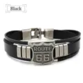 Men Retro Black PU Leather Multi Layer Bracelet Punk Style Route 66 Metal Shield Charm - Black