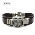 Men vintage multi-layer braided PU leather bracelet with Route 66 metal shield charm. - Brown