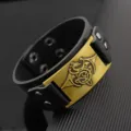 Detailed view of men retro leather bracelet with brass dragon metal plate rock style. - Antique Bronze