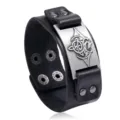Vintage men's wide leather cuff bracelet with metal wolf totem plate and snap button punk rock style - Antique Silver
