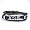 Men vintage multi-layer braided leather bracelet with Jesus metal charm detail closeup - Silver