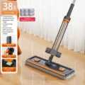 Ergonomische vlakke dweil met 38cm brede plaat, 6 microvezelpads en handvrij uitknijpsysteem. - 38 cm blauwe rolmop, roestvrijstalen steel met 6 doeken