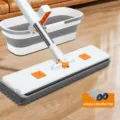 Balai à plat avec seau pliant et pads en microfibre pour le nettoyage de maison 42cm - Panneau Épaissi 42cm + 2 Chiffons Originaux + Seau Pliable