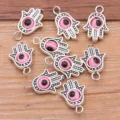 Silver Hamsa Hand Evil Eye Charms Pink Enamel Zinc Alloy DIY Jewelry Making 12x19mm - 1 Piece/Pack / Antique Silver - Pink