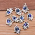 DIY zinc alloy Hamsa hand evil eye charm pendant for necklace bracelet jewelry making - 1 Piece Pack / Antique Silver - Blue