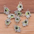 Hamsa hand evil eye metal charms for DIY jewelry making, silver tone alloy pendants. - 1 Piece Pack / Antique Silver - Green