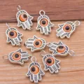 Zinc alloy Hamsa hand evil eye charms pendant connectors for DIY handmade jewelry making. - 1 Piece Pack / Antique Silver - Orange