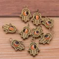 Zinc alloy Hamsa hand evil eye charms retro bronze jewelry DIY bracelet necklace pendant accessory - Hamsa Hand Evil Eye Pendant / 1 Piece Pack / Antique Bronze - Orange