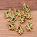 DIY zinc alloy evil eye Hamsa hand pendants green lucky charm jewelry making accessories. - Hamsa Hand Evil Eye Pendant / 1 Piece Pack / Antique Gold - Green