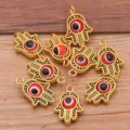 Hamsa Hand Evil Eye DIY Zinc Alloy Charm Pendant for Necklace Bracelet Jewelry Making - 1 Piece Pack / Antique Gold-Red