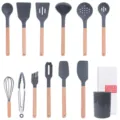 12-teiliges Silikon Küchenhelfer Set mit Holzgriffen und Aufbewahrungsbehälter zum Kochen. - Grau