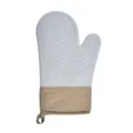 Heat resistant silicone oven mitt with quilted cotton cuff and hanging loop for baking safety. - Nordic Grey (Army Green Fabric)