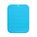 Blue silicone dish drying mat, thick heat resistant placemat with hanging hole for kitchen utensils. - Blue