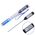 Digital kitchen food thermometer detail view showing stainless steel probe and LCD display screen. - Black
