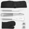 Detailed view of the 7-piece stainless steel BBQ tool set with storage bag and glove. - Large Handle Grilling Tools