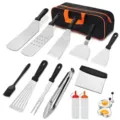 Stainless steel BBQ grill tool set with spatulas tongs scraper and convenient storage bag - 14-Piece Set