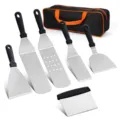 Stainless steel griddle spatula set with storage bag, professional BBQ grilling tools for outdoor camping. - 6-Piece Set (Rubber Handle Spatula Combination)