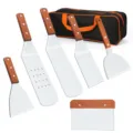 Stainless steel BBQ grill spatula set with wooden handles and storage bag for outdoor camping. - 6-Piece Set (Wooden Handle - Cooking Spatula Combo)