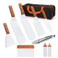 Stainless steel BBQ grill tool set with wooden handle spatula scraper and carrying bag - 9-Piece Set (Wooden Handle - Outdoor BBQ Combo)